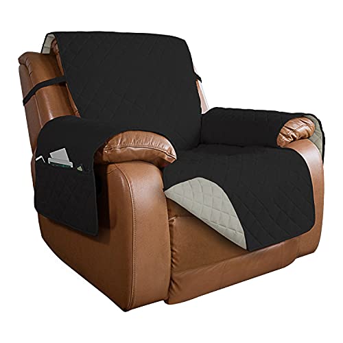 Image of PureFit Reversible Quilted Oversized Recliner Sofa Cover, Water Resistant Furniture Protector, Washable Couch Cover with Elastic Straps for Kids, Dogs, Pets (Large, Black /Beige)