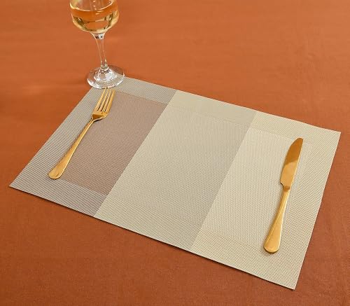 Yellow Weaves PVC Rectangular Dining Table Placemats, Set of 8 - Beige Brown Border