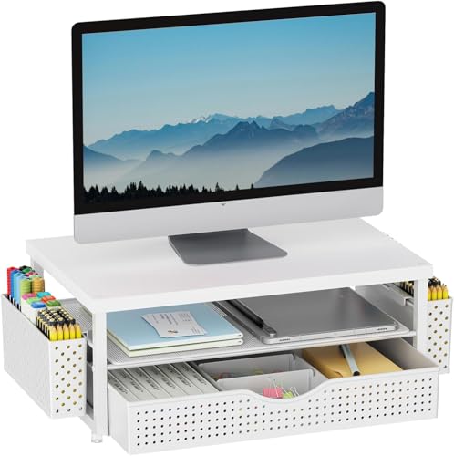 gianotter Desk Organizers and Accessories, Monitor Stand with Drawer and 2 Pen Holder, Desktop Organizer Suitable for Offices and Dormitories (White-Plain)