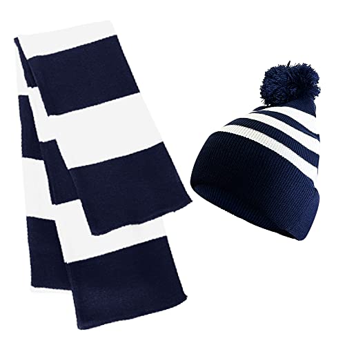 Couver Unisex Scarf & Beanie Hat Set - Collegiate Rugby Stripe Winter Cap