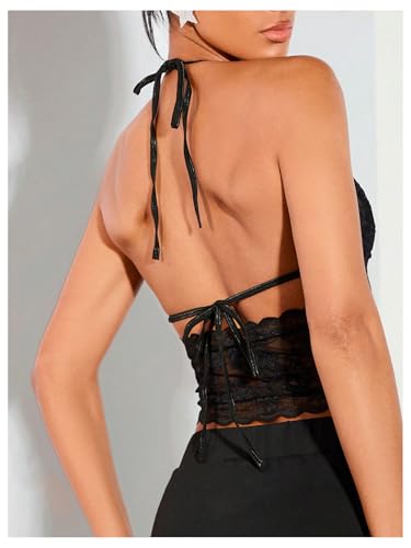SOLY HUX Women's Sexy Lace Sheer Corset Top Halter Neck Tie Up Backless Crop Tops Party Rave Outfits2