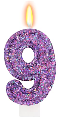 FAMGift Deep Purple Glitter Birthday Candles for Girls - Number 9 Candle Cake Topper for Purple Fairy Birthday Party Decorations