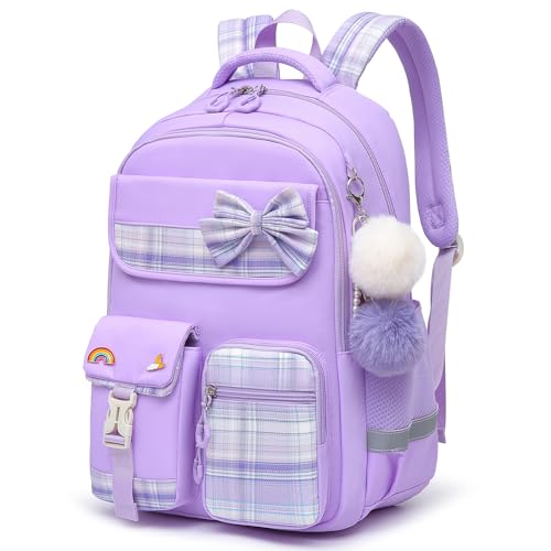 Alrisg Girls School Backpack Preppy Plaid Bookbag Lightweight Backpack for Girls Elementary Middle School Bow Purple
