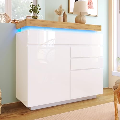 LANTRO JS Sideboard Wohnzimmer, Kommode Weiß mit LED Beleuchtung, Modern Highboard mit 2 Türen und 3 Schubladen für Wohnzimmer und Flur, 115x110x39 cm