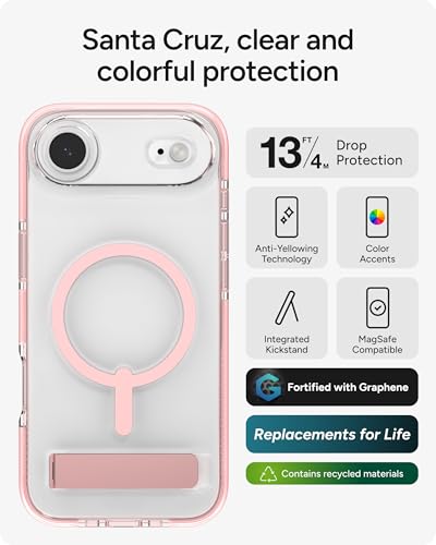 Image of ZAGG Santa Cruz Snap Case with Kickstand for iPhone Air - Pink Sorbet, Drop Protection (13ft /4m), MagSafe Charging Compatible, ClearGuard Anti-Yellowing Technology, Scratch Resistant Phone Case