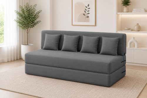 Image of Los Angeles Foldable Four Seater Sofa Cum Bed, Sofa Bed 6 X 6 Feet Jute Fabric Washable Cover Including 4 Cushion Perfect for Living Room & Office Guest Room - Grey Color