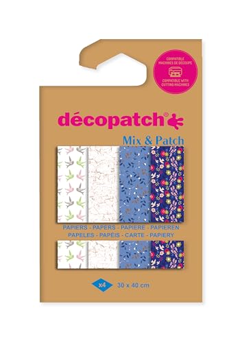 Décopatch DP031C - Une Pochette de 4 Feuilles Décopatch - Dimensions : 30 x 40 cm - Papiers imprimé, Nuances de bleu - Mix & Patch - A partir de 5 ans, DIY,...