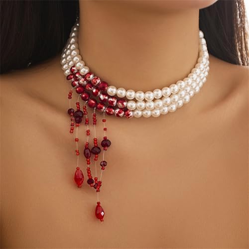 Gothic Blood Pearl Necklace for Women, Adjustable Dripping Blood Choker Layered Bleeding Pearls Necklaces Punk Bloody Tassel Clavicle Halloween Jewelry2