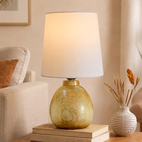 Image of Wooden Bedside Table Lamp with Fabric Shade, Warm Ambient Light, Handmade Mango Wood Base, Rustic Farmhouse Design, Cute Dowel, 15 x 15 x 25 cm (White)