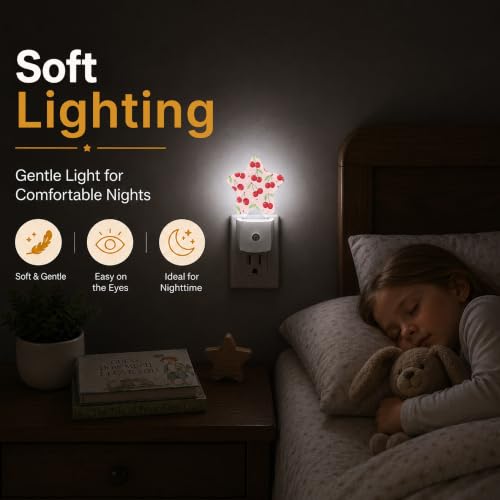 Image of Pink Cherry Star Night Light Plug in, Decorative Night Light for Kids Room Nursery Bedroom, Soft Glow Sensor Lamp for Hallway Bathroom, Compact Energy Saving