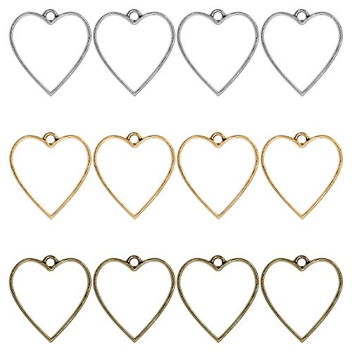 Ximalun 60pcs Open Blank Bezel Pendants for Jewelry Making Heart Blank Trays Hollow Pendant for Resin Open Back Frame with 1 Loop for Necklace,Pressed Flower,DIY Crafts(Golden, White K, Ancient Cyan)
