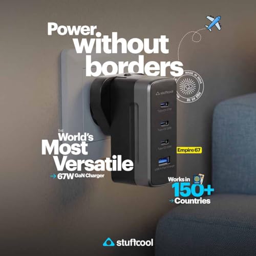 Image of Stuffcool Empire 67W GaN Multiport Fast Charger with 3 Type-C & 1 USB-A, Smart Power Distribution, Swappable Plugs (US /UK /EU /India), Supports Samsung Super Fast Charging 2.0, MacBook, iPhone, Pixel