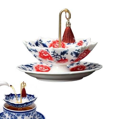 Umbrella Shape Ceramic Tea Strainer - Chinese Blue & White Porcelain Loose Leaf Tea Filter with Matching Base, Multi-Purpose Inf