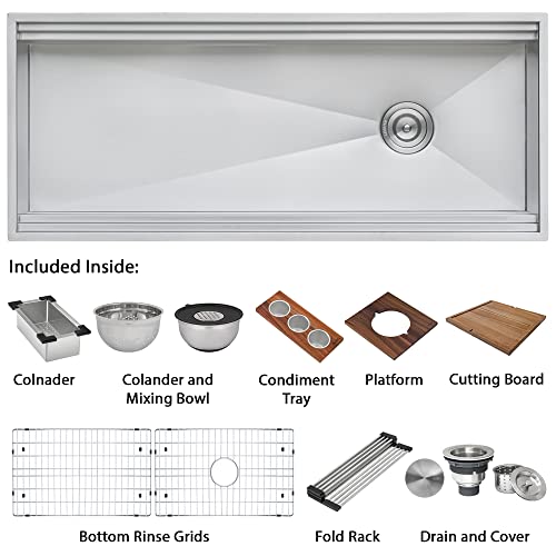 Image of Ruvati 57-inch Undermount Workstation Kitchen Sink - 16 Gauge Stainless Steel Single Bowl with Ledges & Accessories - RVH8555