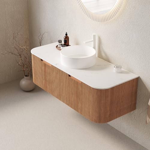 Image of KEIKI 48 inch Bathroom Vanity with Sink, Wall-Mounted Floating Vanity with Curved Edges & 3D Striped Drawer Fronts, White Round Ceramic Basin, Pre-Assembled Storage Cabinet, Natural Wood
