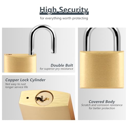 Image of 1 Pack Padlock with 2 Same Keys Thicken Locker Lock 2 inch 50mm Solid Brass Padlock Weatherproof for Gym Case Backpack Luggage Hasp Storage, Large, Gold