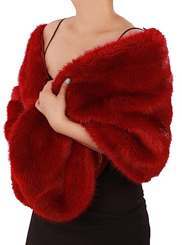 Octwine Fashion Bride Faux Fur Shawl Wrap Warm Comfortable Stole Shrug Winter Bridal Wedding Cover Up Long Shawl Cloak Cape Coat for Women (Red)3
