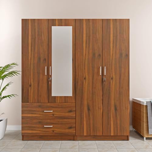 Image of VIKI Wardrobe |Wooden Almirah for 4 Door 2 Drawer with Shelves & Hanging Space Mirror Wardrobe (Brussel Walnut - 40D x 160W x 180.8H)| 1 Year Warranty | Free Assembly