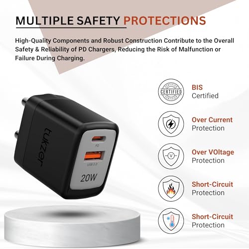 Image of Tukzer 20W Dual Port GaN3 Ultra 2X Faster Charger(Type C PD3.0 & USB QC3.0) Adapter for iPhone 16 /16 Plus /16 Pro /16 Pro Max, iPhone 15 /15 Plus /15 Pro /Max, 14 /13 /12 Series, Samsung, MacBook,Laptops-BLK