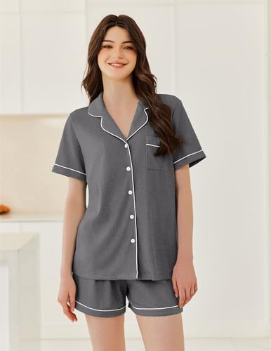 Image of Ekouaer Womens Waffle Knit Pajama Sets Soft Short Sleeve Button Down Sleepwear Cozy 2 Piece Pjs Shorts Set