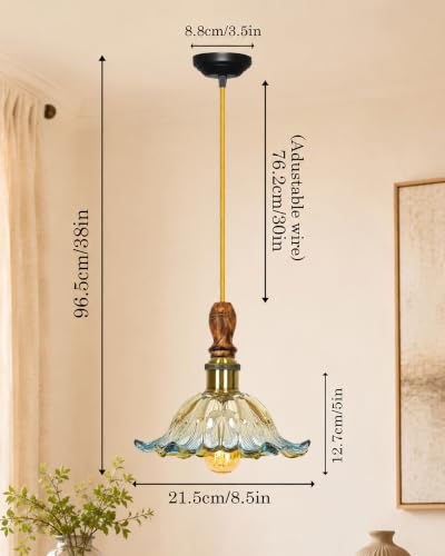 Image of Homesake Botanica Pendant Lamp | Petal Scalloped Glass Hanging Light with Solid Wood Top | Vintage European Ceiling Fixture, Pendant Light for Home Decor, Hallway, Foyer & Balcony, (Tulip, Blue)