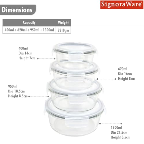 Image of Signoraware Safe N Store Glass Round Container | Airtight & Leakproof Locking Lid | Durable | Microwave Safe | Ideal For Kitchen Storage & Lunch Boxes (400ml+620ml+950ml+1.3Ltr | Set of 4 | Clear)