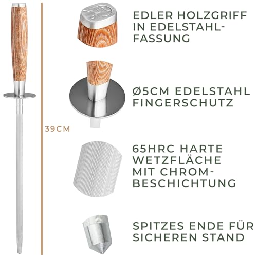 WALDWERK Premium Wetzstahl - Messerschärfer aus gehärtetem Stahl und mit edlem Holzgriff - 100%...