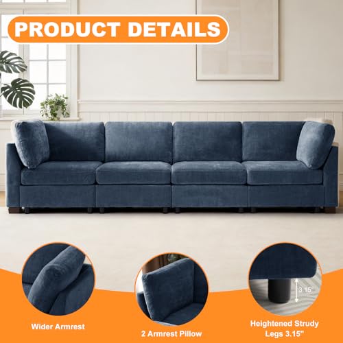 Image of TEKAMON 122 inch Modern Sofa Modular Sectional Couch, 4-Seat Chenille Deep Seat Sofa for Living Room, Bedroom and Apartment, Blue