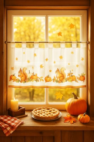 KAMACA Organza Bistrogardine mit Eichhörnchen-Motiv luftige Scheibengardine mit Schlaufen für Küche & Wohnzimmer herbstliche Dekogardine Landhaus (Eichhörnchen mit Herbstfrüchten 45x120 cm)