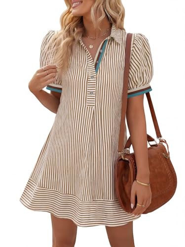 Wenrine Womens Summer Striped Mini Dresses Puff Short Sleeve Loose