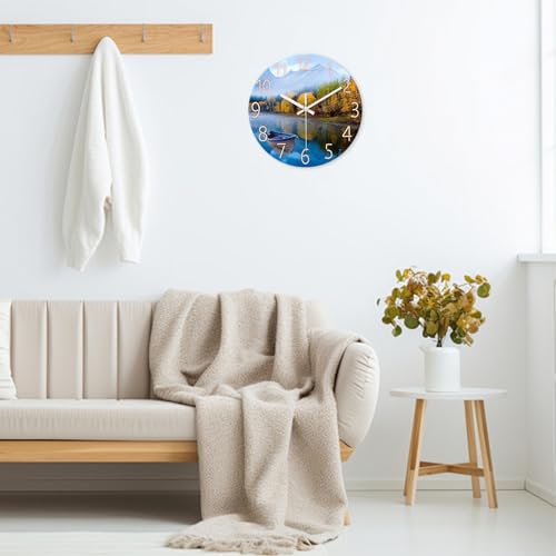 Image of XFM Natural Landscape Wall Clock 12 Inch Lake Boat | Silent Non-Ticking Battery Operated Modern Glass Nature Decorative for Living Room Kitchen Bedroom Office