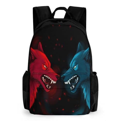 Supdreamc Men Women Polyester Red And Blue Angry Wolf Fight Daypack Backpack Large Capacity Carry On Bag With Smooth Zippers for Hiking Picnic Walking Cycling
