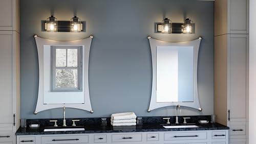 Image of Quoizel Lansdowne Modern Bath Vanity Lights,18.25 Inch 2-Light Matte Black Lighting Fixtures Over Mirror, Clear Glass Shade, 100W, Decorative Wall Light for Bathroom, Dresser, Kitchen or Hallway