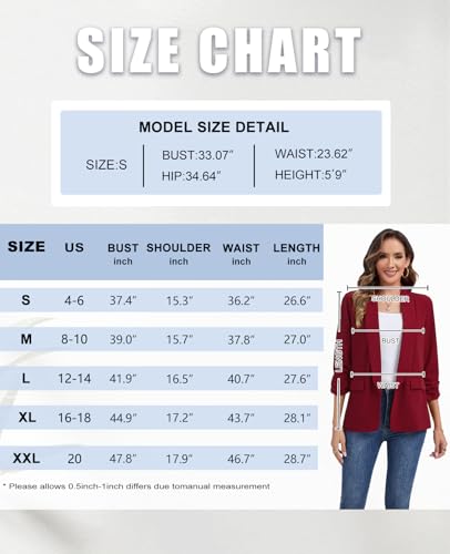 Women's Ruched 3/4 Sleeve Blazers Casual Shawl Lapel Work Padded Shoulder Open Front Blazer Jackets Pocket4