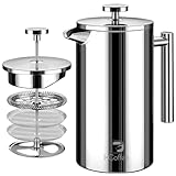 Cafeteira de Prensa Francesa de Aço Inoxidável de 700 ml com Filtro de 4 Estágios e Isolamento Duplo (Prata)