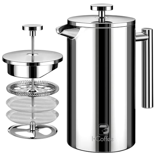 Cafeteira de Prensa Francesa de Aço Inoxidável de 700 ml com Filtro de 4 Estágios e Isolamento Duplo (Prata)