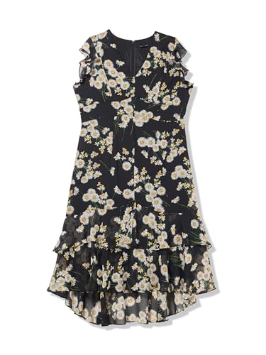 Image of Tommy Hilfiger Women's Flutter Sleeve V-Neck Ruffle Trim Hi-Lo Midi Dress