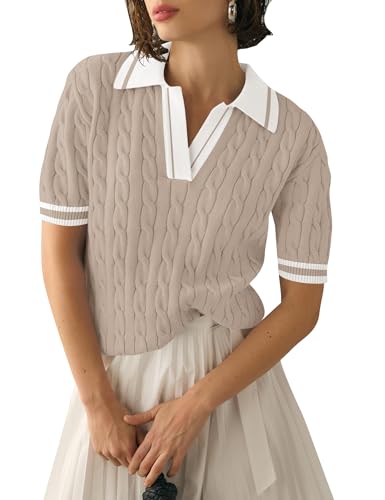Image of Micoson Womens Short Sleeve Sweater Tops Lapel V Neck Polo Shirts 2026 Summer Cable Knit Loose Blouse Business Casual Outfits