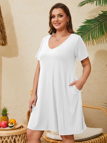 Image of ZENNILO Women's Plus Size Swing Dress with Pockets Casual Summer Dresses V Neck Short Sleeve T Shirt Dress for Women