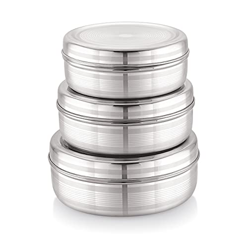 Image of Attro Stainless Steel Puri Dabba with Lid, Food Storage Containers, Big (1100ml), Medium (900 ml), Small (700ml) - Set of 3, Silver, Standard