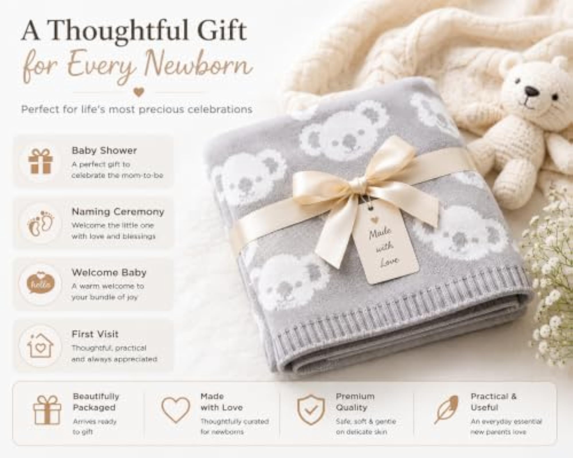 Knitted All Season Blanket for Newborn, Light Grey