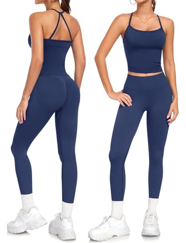 Niipty 2 Piece Workout Sets for Women Halter Neck Cross Back Tank Top Macthing High Waist Leggings Sets Gym Outfits - navy blue S