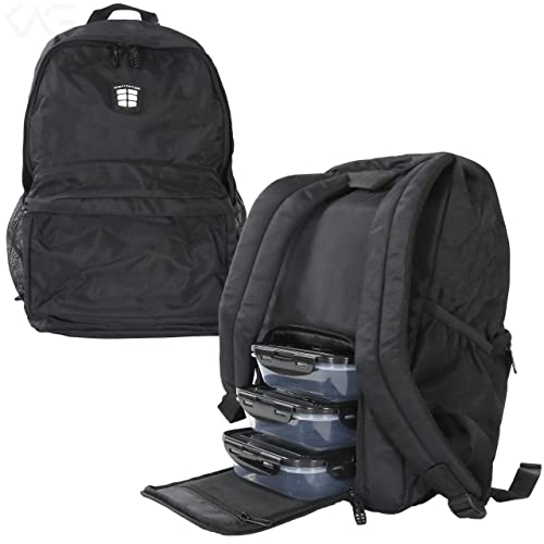 Motivator Daypack Meal Prep Lunch Bag With 3 Bpa-Free, Reusable, Microwavable, Freezer Safe, Portion-Controlled Containers, Backpack Lunch Box With Storage Pockets - (Black/Black) #TOP21