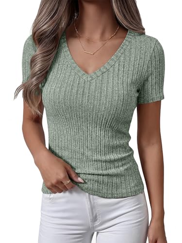 ANRABESS Womens Tops Summer Short Sleeve V Neck Sweater,Light Green,M
