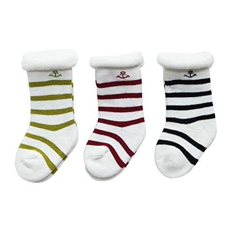 DEBAIJIA 3 Pairs Baby Thicken Cotton Socks Set Calf Sock Infants Toddler Kids Breathable Lovely Colourful Stripe, S (0-12 Months), Stripe Calf Sock - Thicken - Black/Red/Kelly Cover