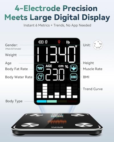 YUHUO Smart Scale for Body Weight, 4-Electrode BIA Body Composition Scale with High Precision, Large LED Display, Digital Bathroom Scale for BMI, Body Fat, Muscle Mass, 18 Metrics Sync APP, 400lb