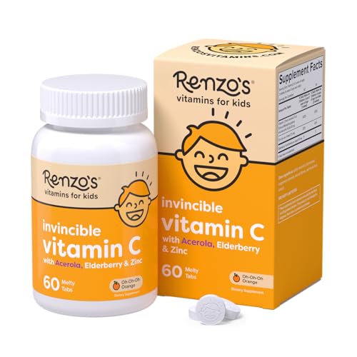 Renzos Invincible Kids Vitamin C with Elderberry Vitamin C and Zinc Dissolvable Kids Vitamins for Immune Support Sugar-Free Melty Tabs Orange Flavor 60-Count (1-2 Month Supply)