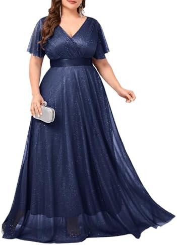 Women's Plus Size Formal Dress Sparkly V Neck Ruffle Sleeve A Lin...