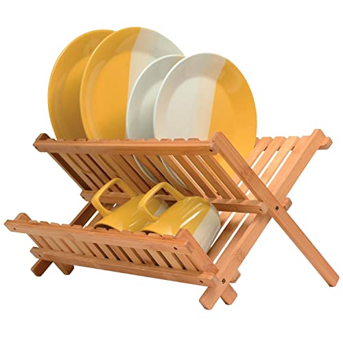 Comparison: Best Dish Drying Rack For Small Spaces 6 Dish Drying Rack for Kitchen Counter - Collapsible 2-Tier Bamboo Dish Rack Foldable Space Saving - Wooden Dish Drainer and Drying Rack for Dishes, Plates, Cups - Kitchen Organizer Housewarming Gift