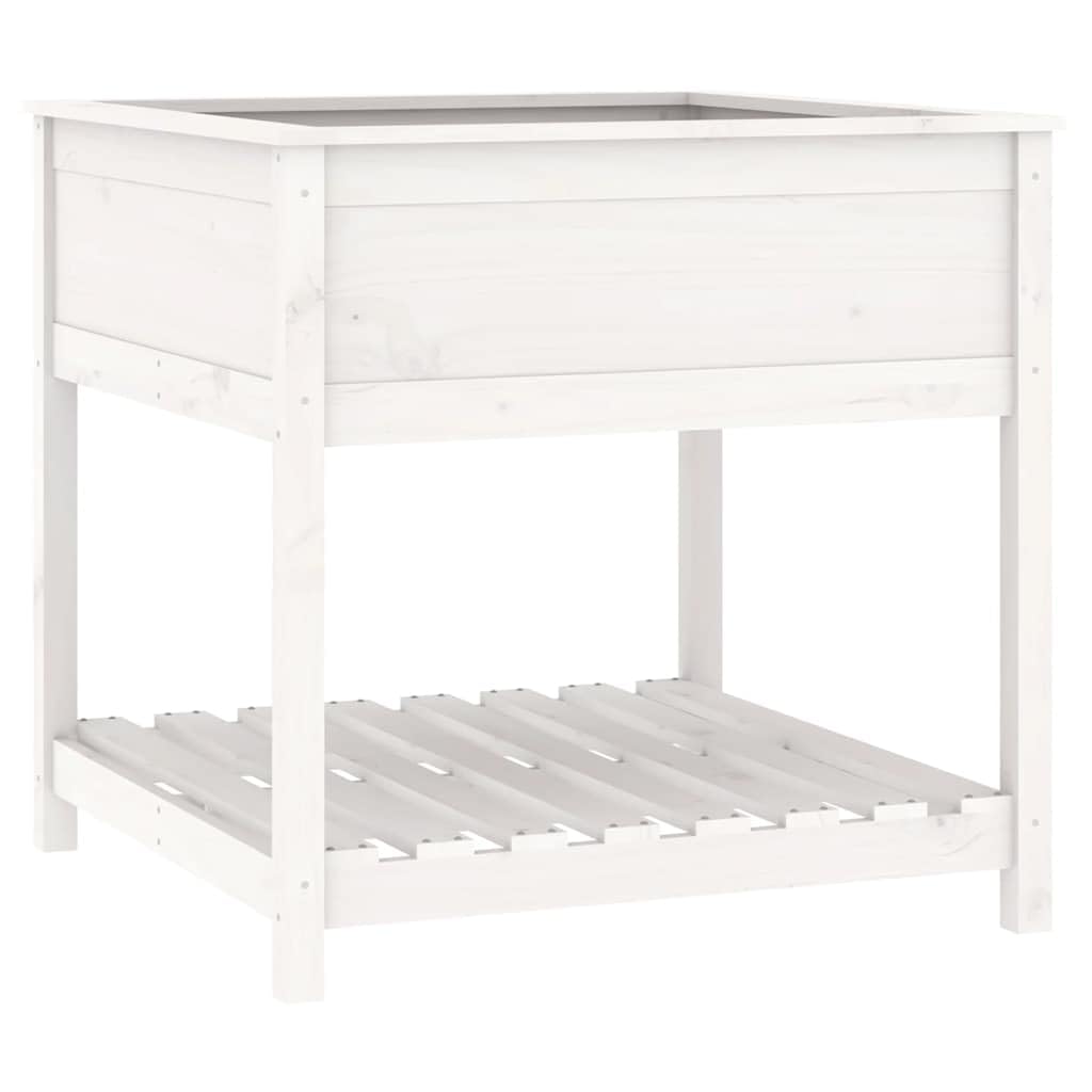 Pflanzkübel Weiß 82,5x82,5x81 cm aus massivem Kiefernholz, Blumentopf groß mit Ablage, ergonomisches Hochbeet für Balkon, Terrasse und Garten